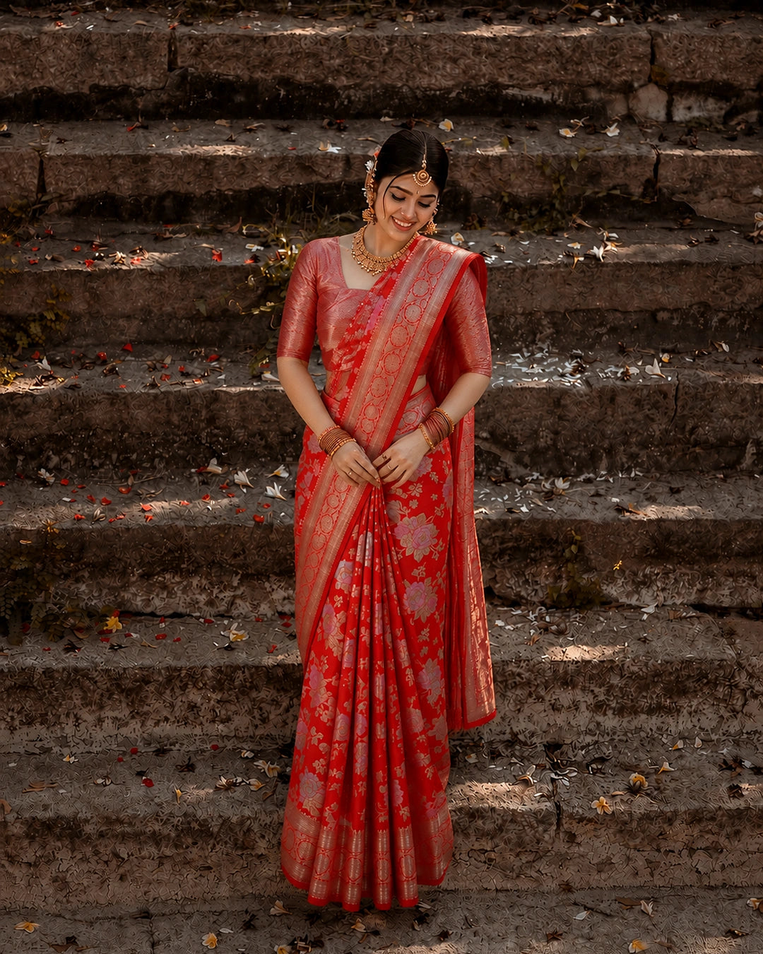 Red Pure Banarasi Saree with Multicolour Floral Meena Weaving