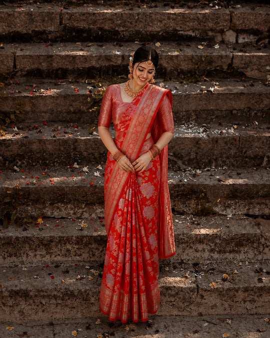 Red Pure Banarasi Saree with Multicolour Floral Meena Weaving