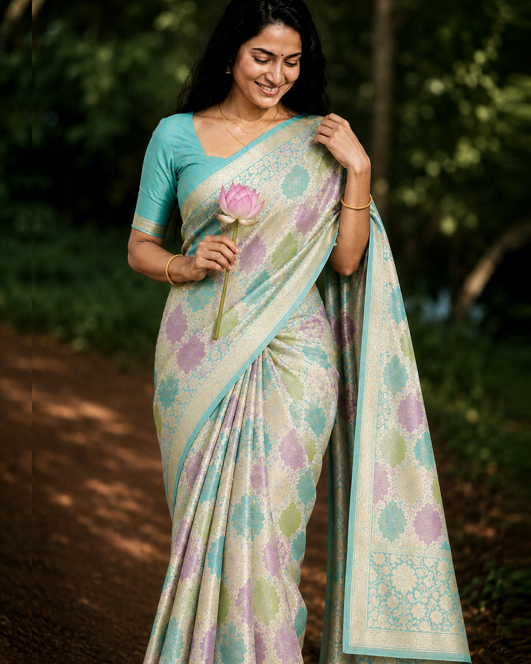 Aqua Turquoise Pure Katan Saree with Multicolour Rangkat Floral Jaal Weaving