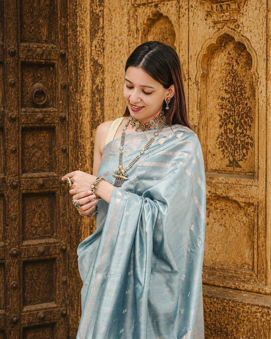 Greyish Ice Blue Pure Banarasi Saree with Delicate Zari Motifs Weaves