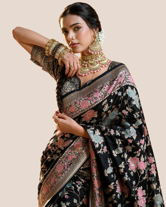 Black Pure Katan Saree with Legacy Meenakari Floral Craftsmanship