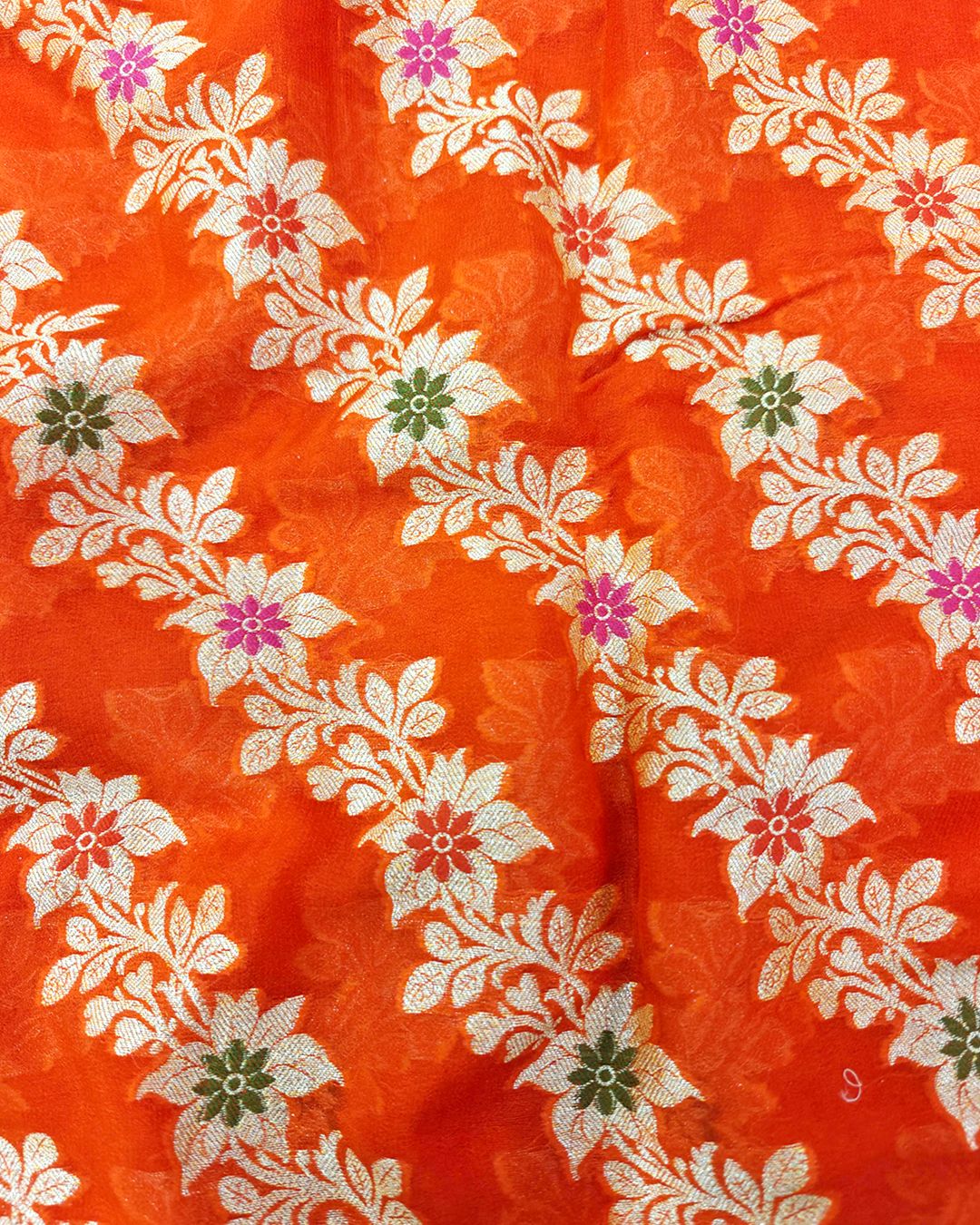 Orange Pure Chiffon Saree with Floral Meenakari Jaal Weaving
