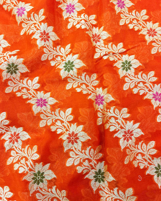 Orange Pure Chiffon Saree with Floral Meenakari Jaal Weaving