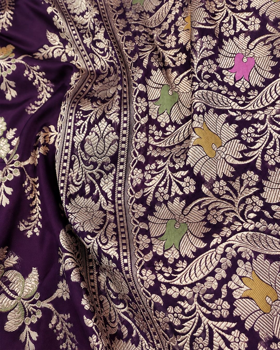 Purple Pure Katan Saree with Detailed Floral Meenakari Weave