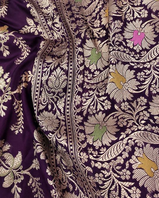 Purple Pure Katan Saree with Detailed Floral Meenakari Weave
