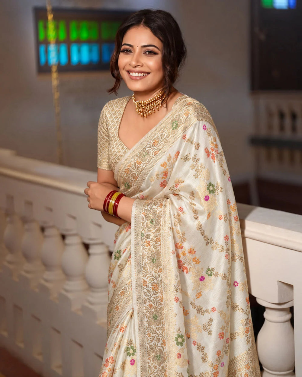 Cream Pure Banarasi Saree with Multicolour Floral Butidar Weaves