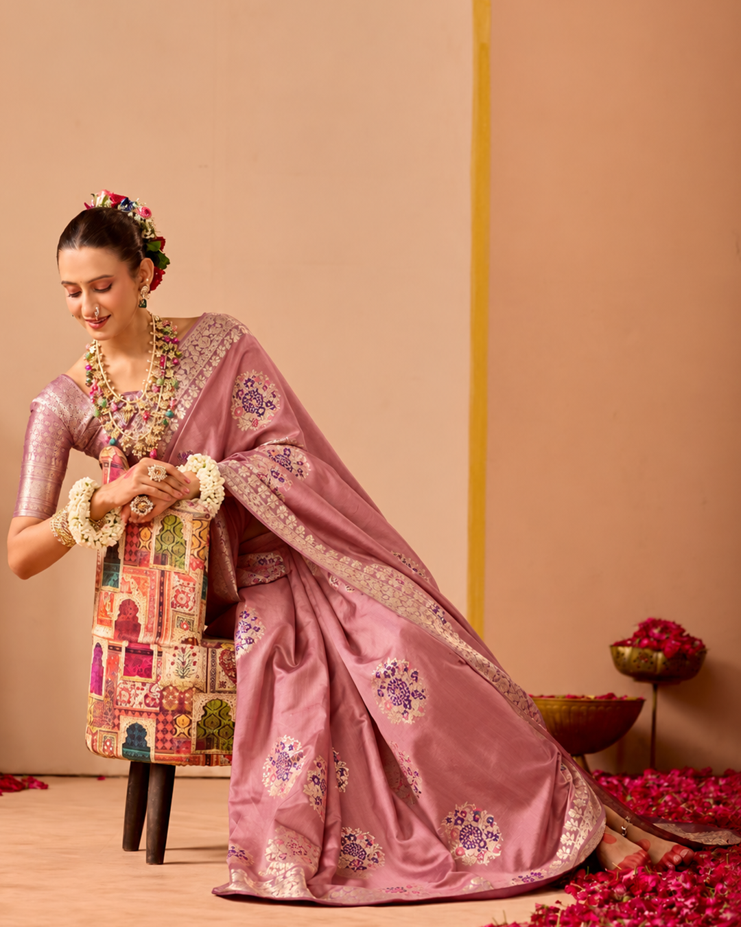Dusty Rose Pure Banarasi Saree with Floral Meena Weaves