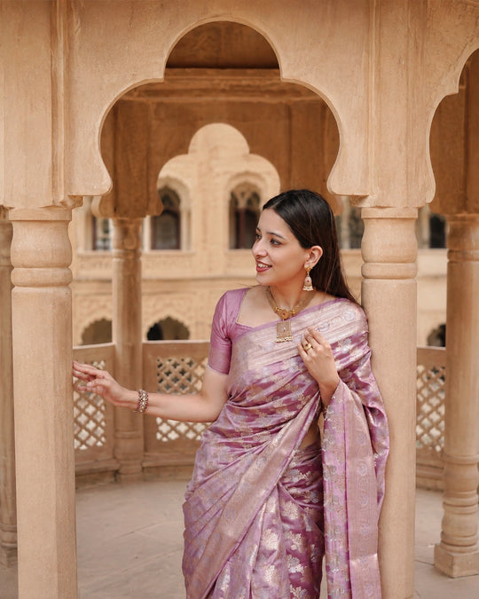 Soft Lilac Pure Banarasi Saree with Intricate Floral Zari Weaving