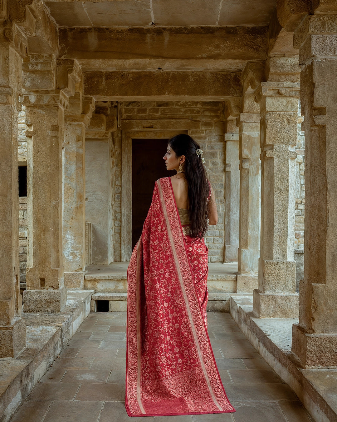 Red Pure Banarasi Saree with Gold Zari Floral Jaal