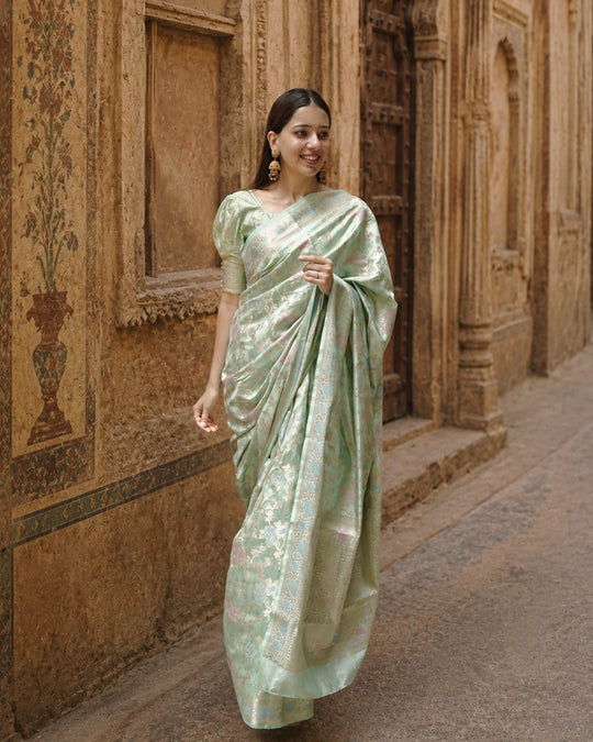 Light Green Pure Banarasi Saree with Multicolour Floral Meenakari Weaving