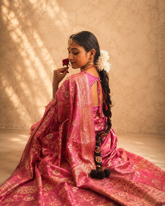 Pink Pure Banarasi Saree with Floral Meenakari Trail Weaves