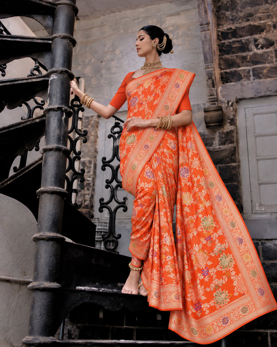 Orange Pure Katan Saree With Meenakari Weaves
