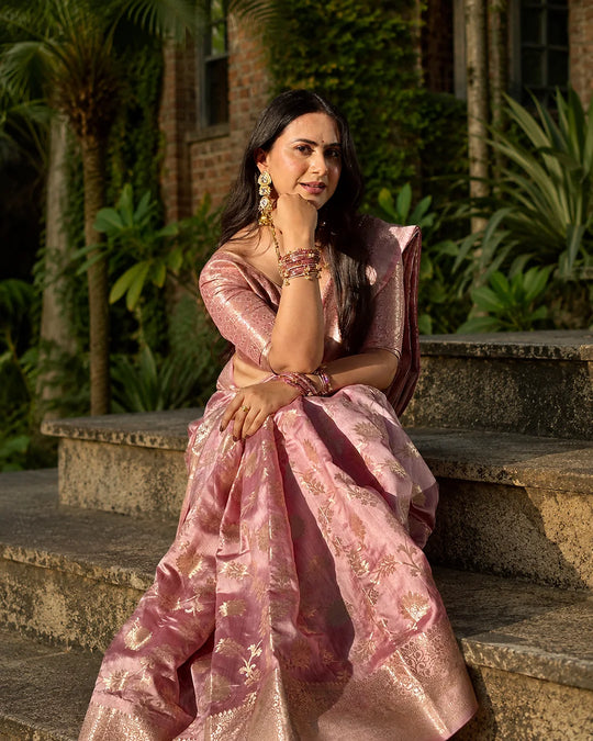 Dusty Lilac Pure Banarasi Saree with Regal Floral Jaal Weaves