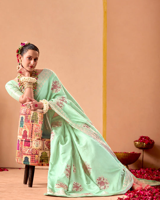 Celadon Pure Banarasi Silk Saree with Graceful Meenakari Floral Weaving