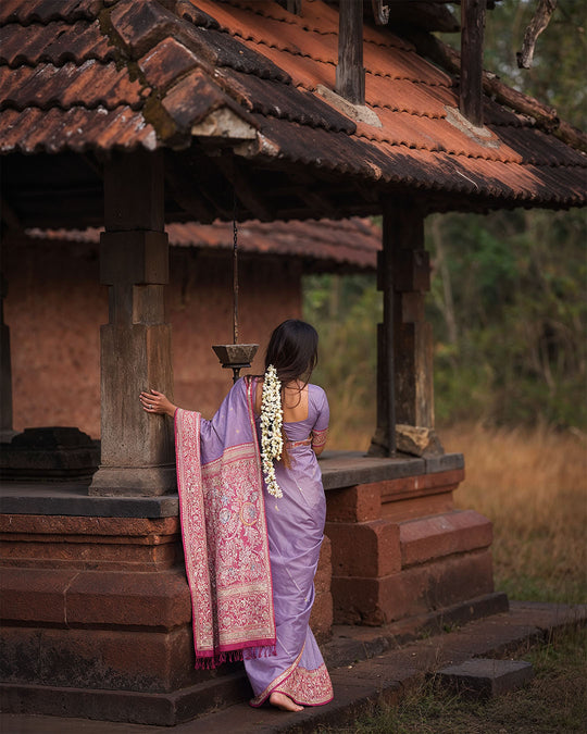 Kadwa Pure Katan Handwoven Banarasi Silk Saree - Lilac Majesty Purple