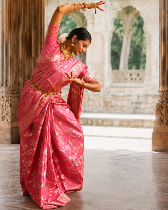 Pink Pure Banarasi Saree with Floral Meenakari Trail Weaves