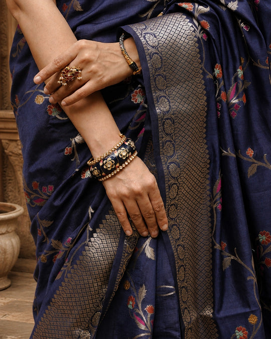 Blue Pure Banarasi Saree with Floral Meenakari Zari Weaving