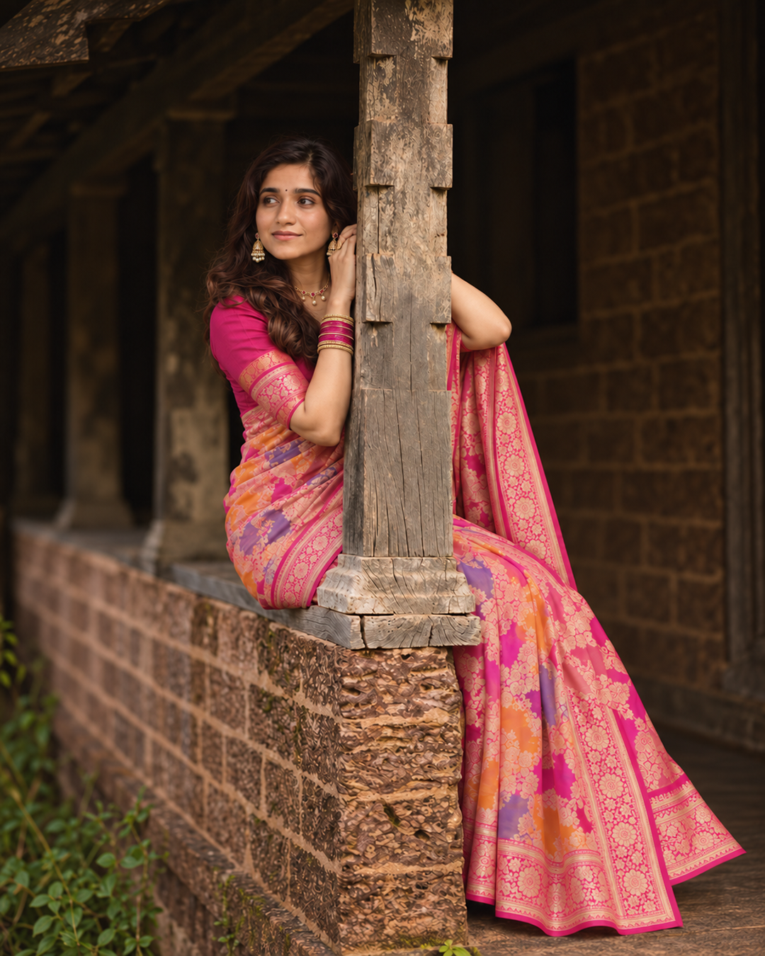 Rani Pink Rangkat Pure Katan Saree with Artistic Multicolor Weaves