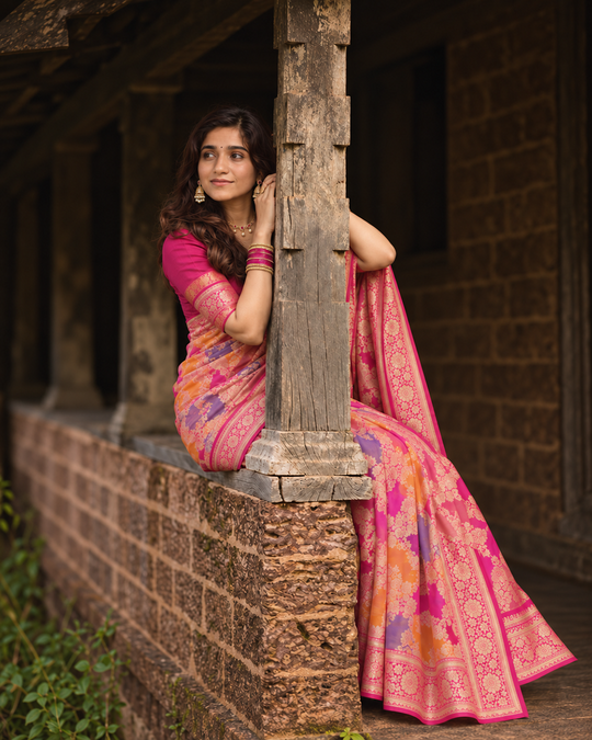 Rani Pink Rangkat Pure Katan Saree with Artistic Multicolor Weaves