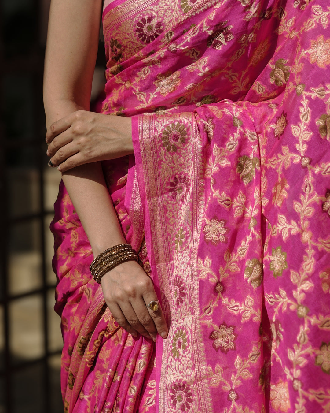 Eternal Pink Ocean Tones Pure Chiffon Saree with Opulent Floral Embellishments