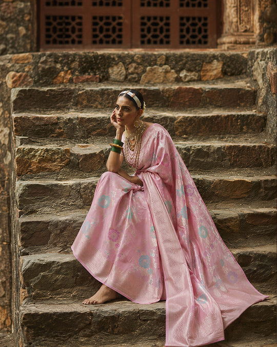 Pink Pure Banarasi Saree with Multicolour Floral Meenakari Weaving