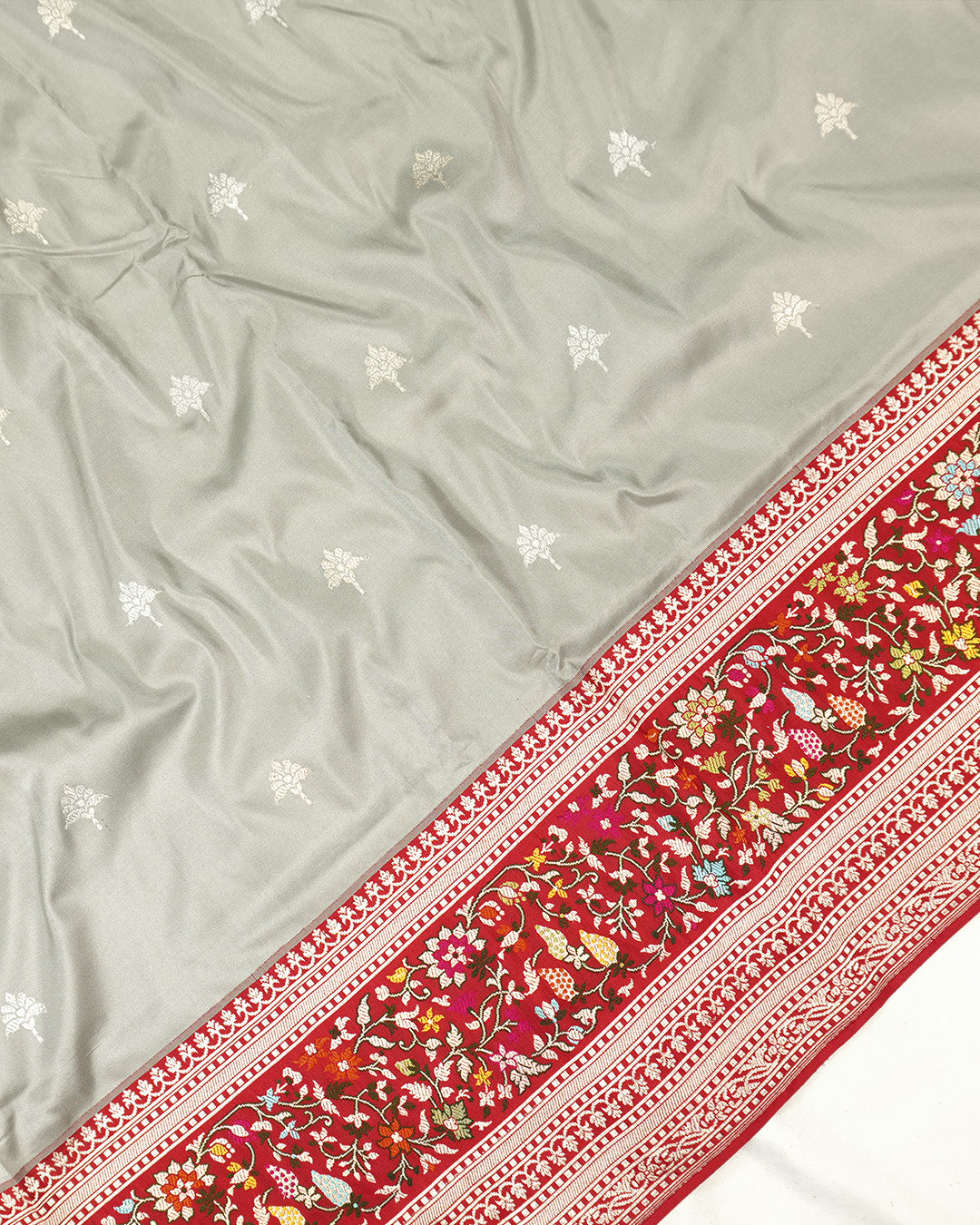 Kadwa Pure Handwoven Katan Banarasi Silk Saree - Glacier Grey