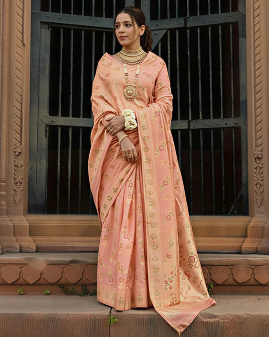 Peach Pure Chiffon Saree with Multicolor Meenakari Floral Craftsmanship