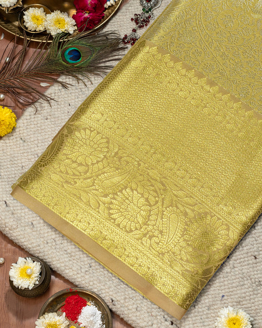 Mustard Gold Pure Kanjivaram Saree with Floral Weaves and Broad Border