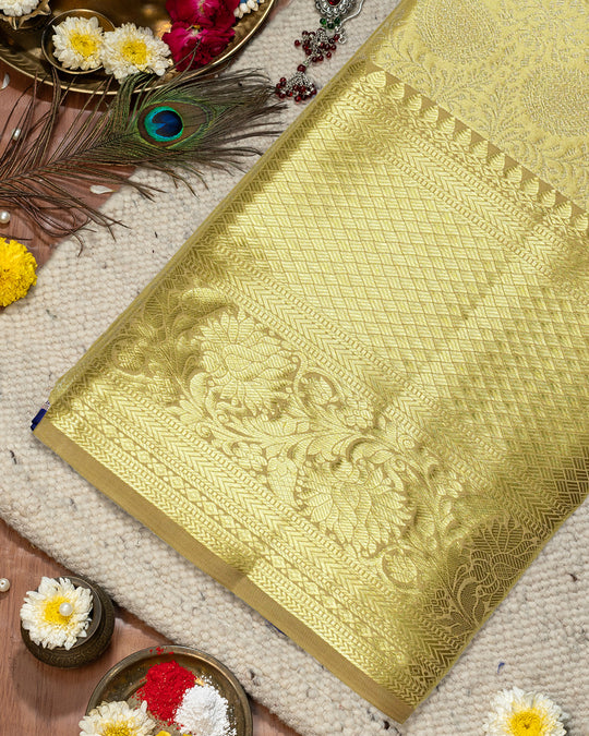 Gold Pure Kanjivaram Saree with Brocade Weaves and Timeless Floral Border