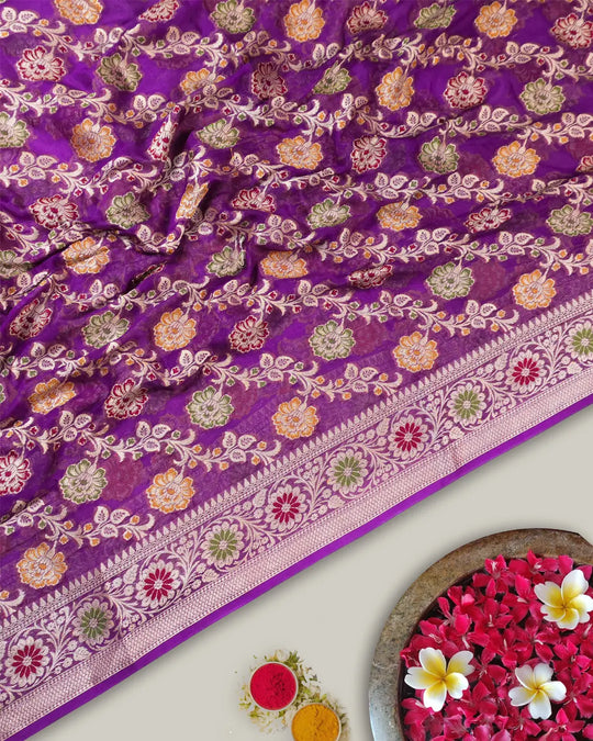 Purple Floral Meenakari Pure Chiffon Saree