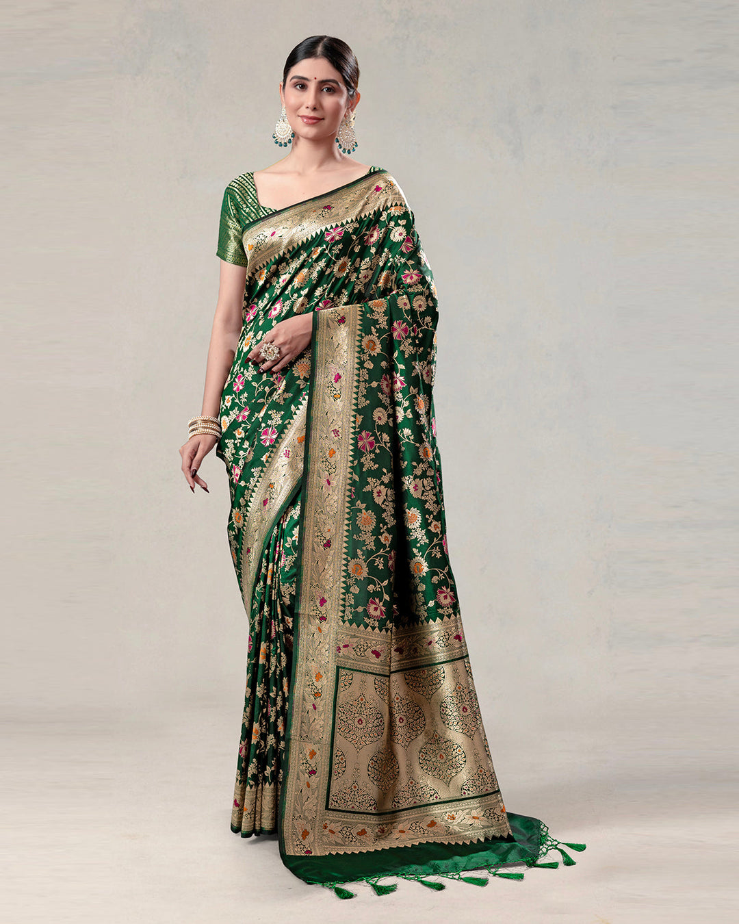 Varanasi Vairāgya - Green Pure Katan Silk Saree with Handwoven Zari and Artistic Floral Weaves