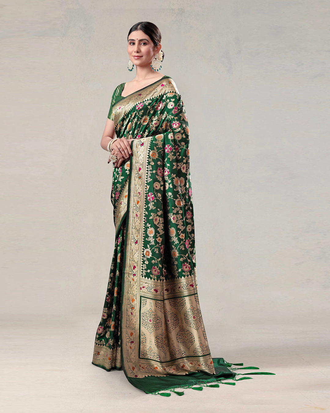 Varanasi Vairāgya - Green Pure Katan Silk Saree with Handwoven Zari and Artistic Floral Weaves