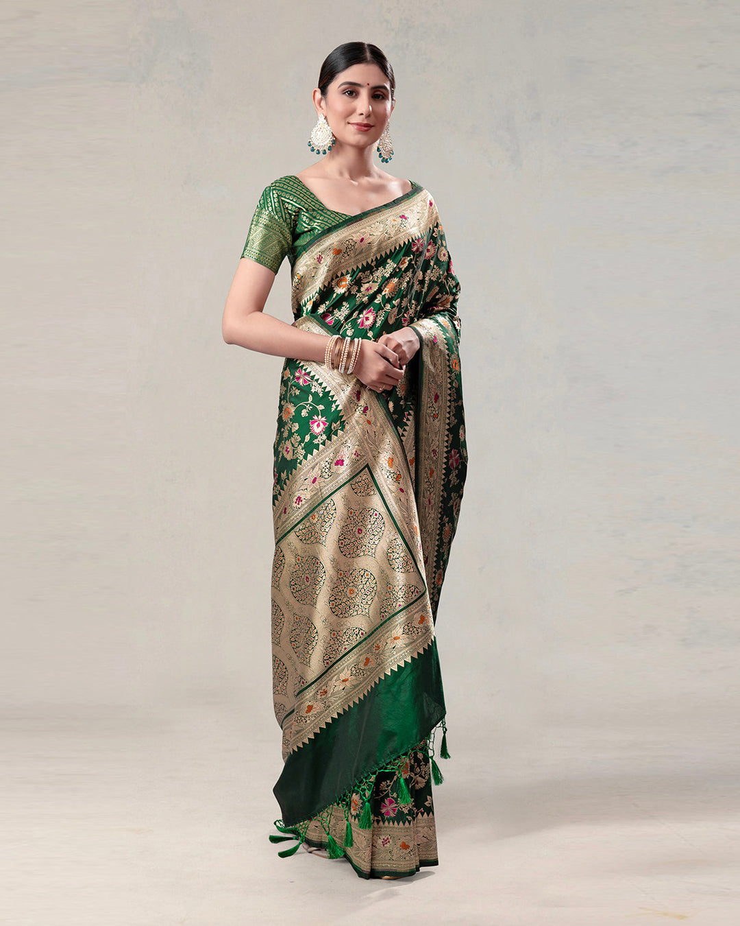 Varanasi Vairāgya - Green Pure Katan Silk Saree with Handwoven Zari and Artistic Floral Weaves