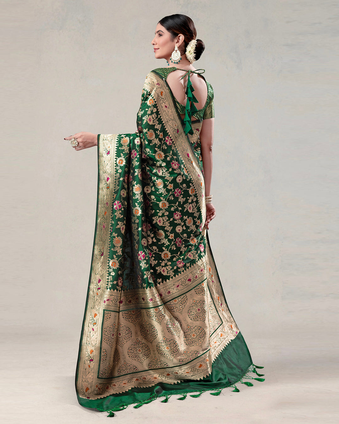 Varanasi Vairāgya - Green Pure Katan Silk Saree with Handwoven Zari and Artistic Floral Weaves