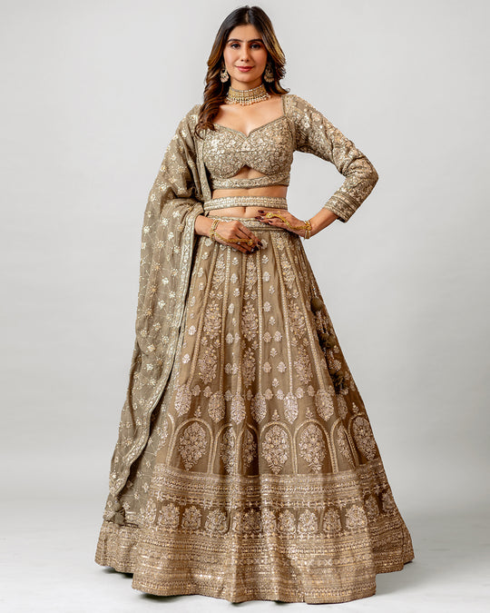 Light Olive Green Georgette Sovereign Handloom Embroidered Lehenga