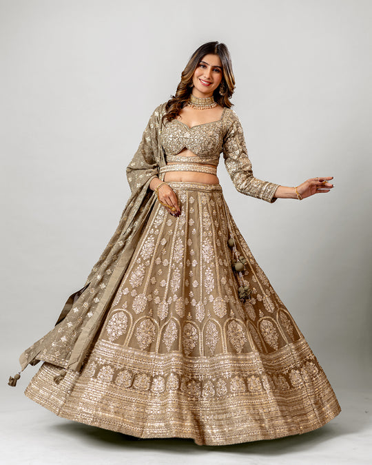 Light Olive Green Georgette Sovereign Handloom Embroidered Lehenga