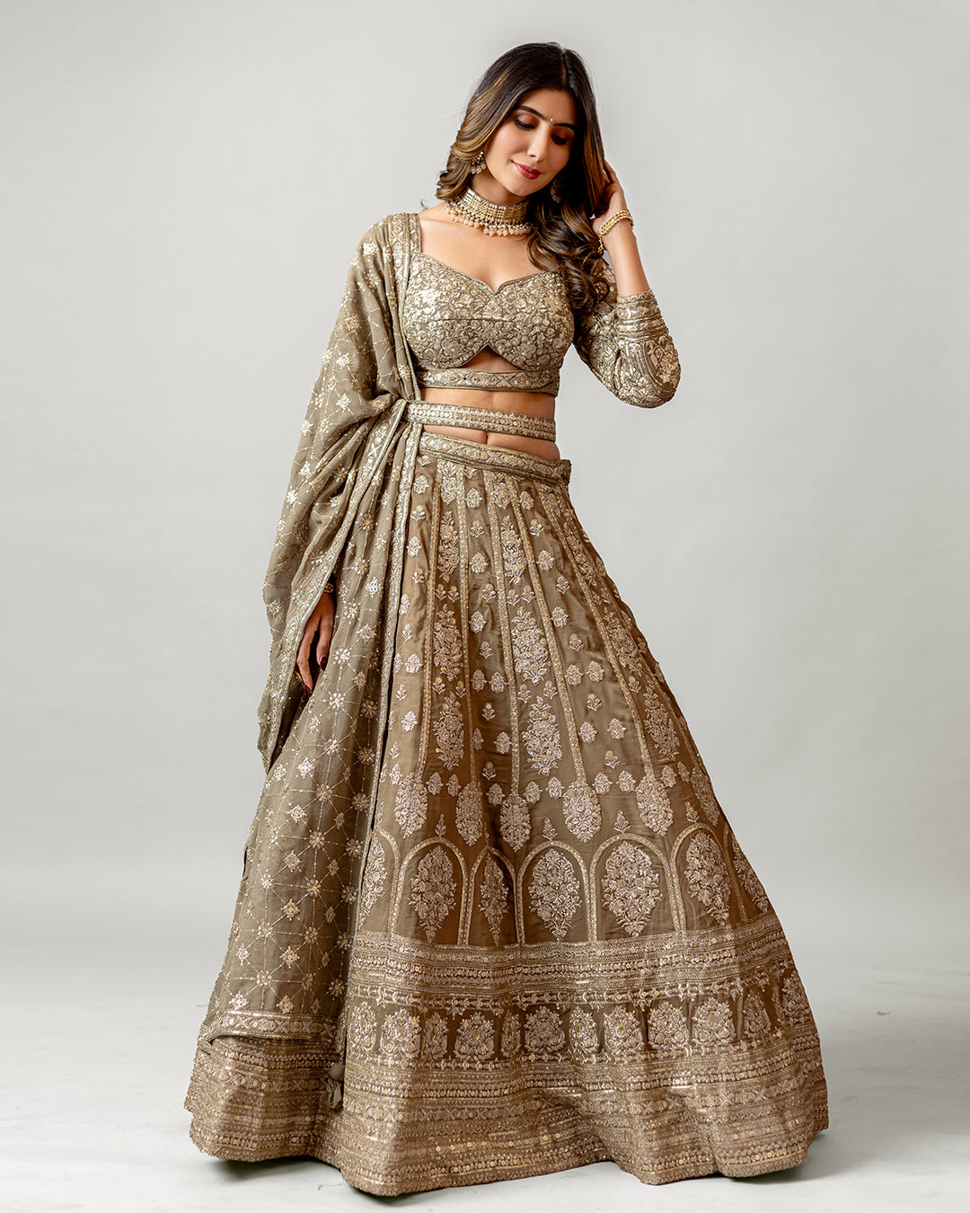 Light Olive Green Georgette Sovereign Handloom Embroidered Lehenga