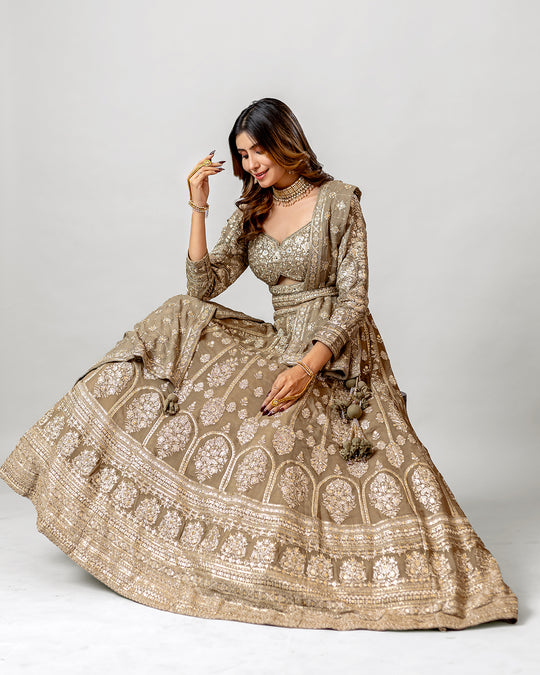 Light Olive Green Georgette Sovereign Handloom Embroidered Lehenga