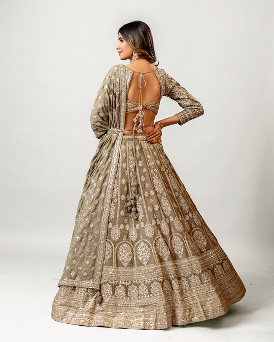 Light Olive Green Georgette Sovereign Handloom Embroidered Lehenga