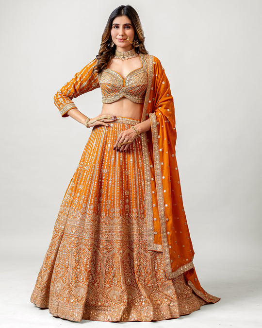 Seraphic Amber Orange Georgette Royal Handloom Embroidered Lehenga