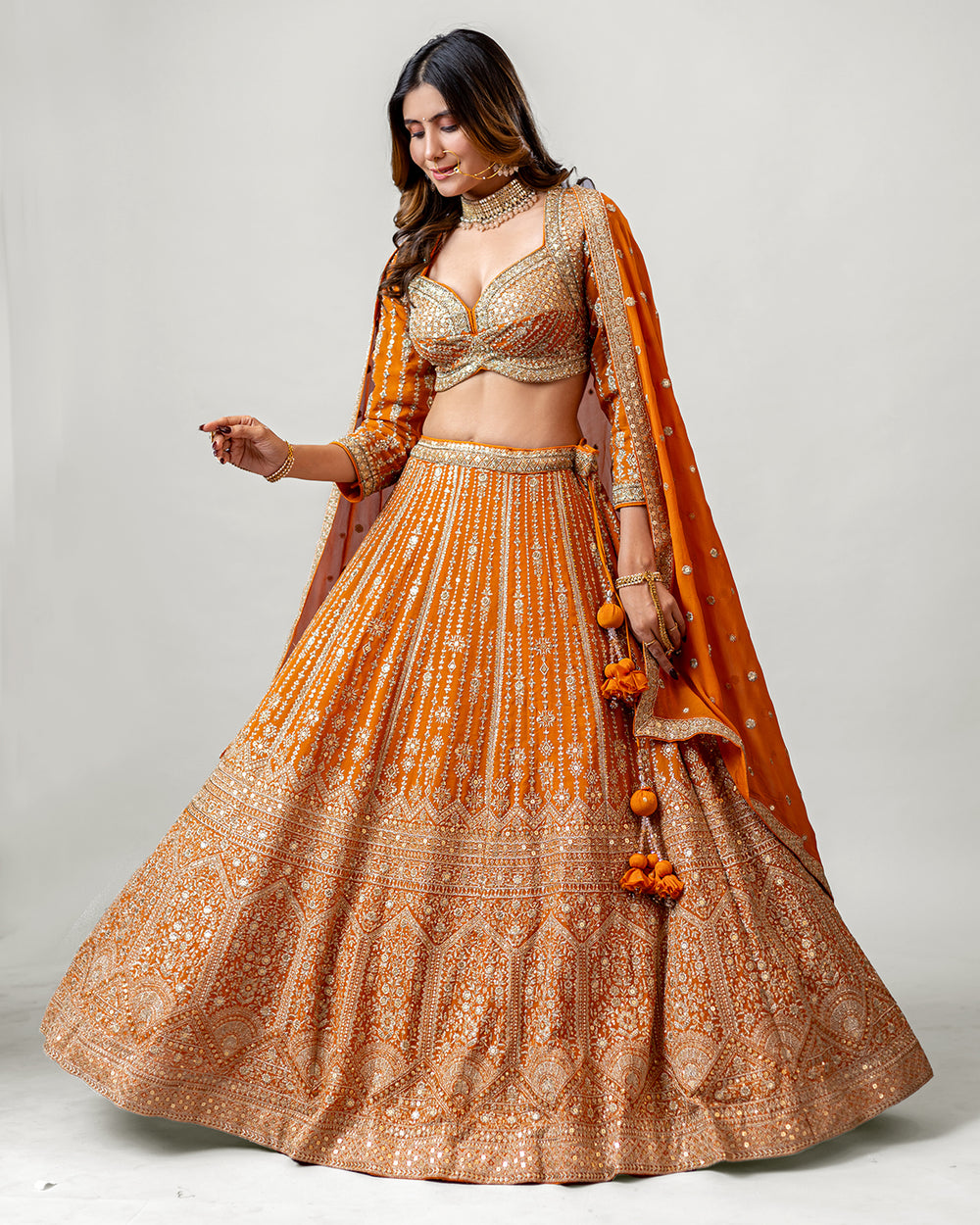 Seraphic Amber Orange Georgette Royal Handloom Embroidered Lehenga