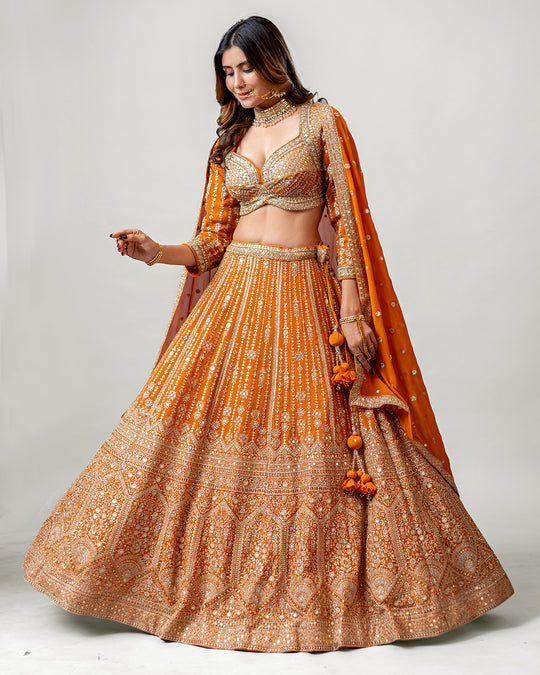 Seraphic Amber Orange Georgette Royal Handloom Embroidered Lehenga