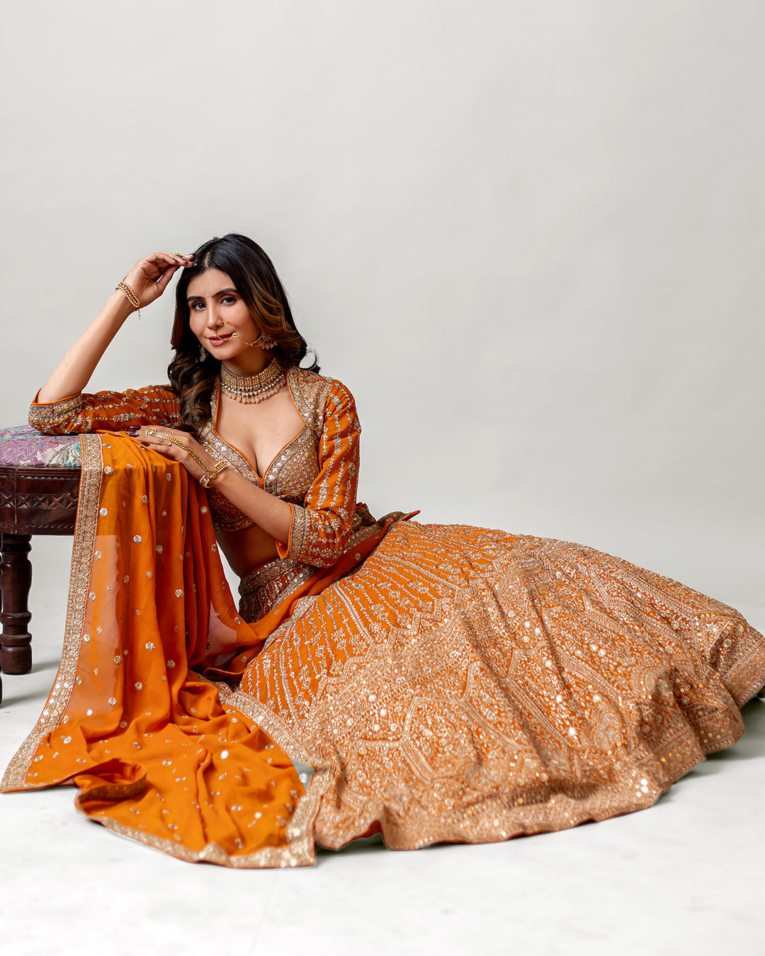 Seraphic Amber Orange Georgette Royal Handloom Embroidered Lehenga