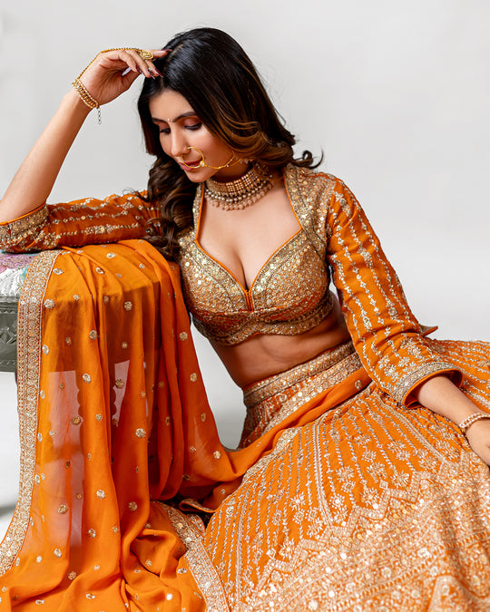 Seraphic Amber Orange Georgette Royal Handloom Embroidered Lehenga