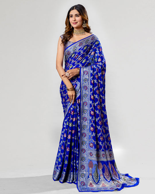 Imperial Blue Essence - Majestic Pure Chiffon Saree Enrobed in Royal Floral Weaves