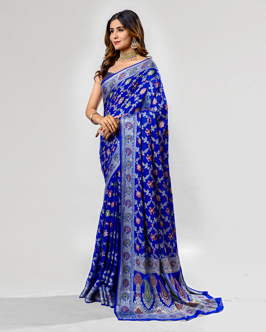 Imperial Blue Essence - Majestic Pure Chiffon Saree Enrobed in Royal Floral Weaves