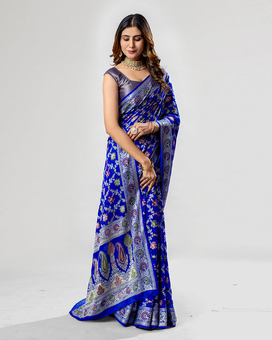 Imperial Blue Essence - Majestic Pure Chiffon Saree Enrobed in Royal Floral Weaves