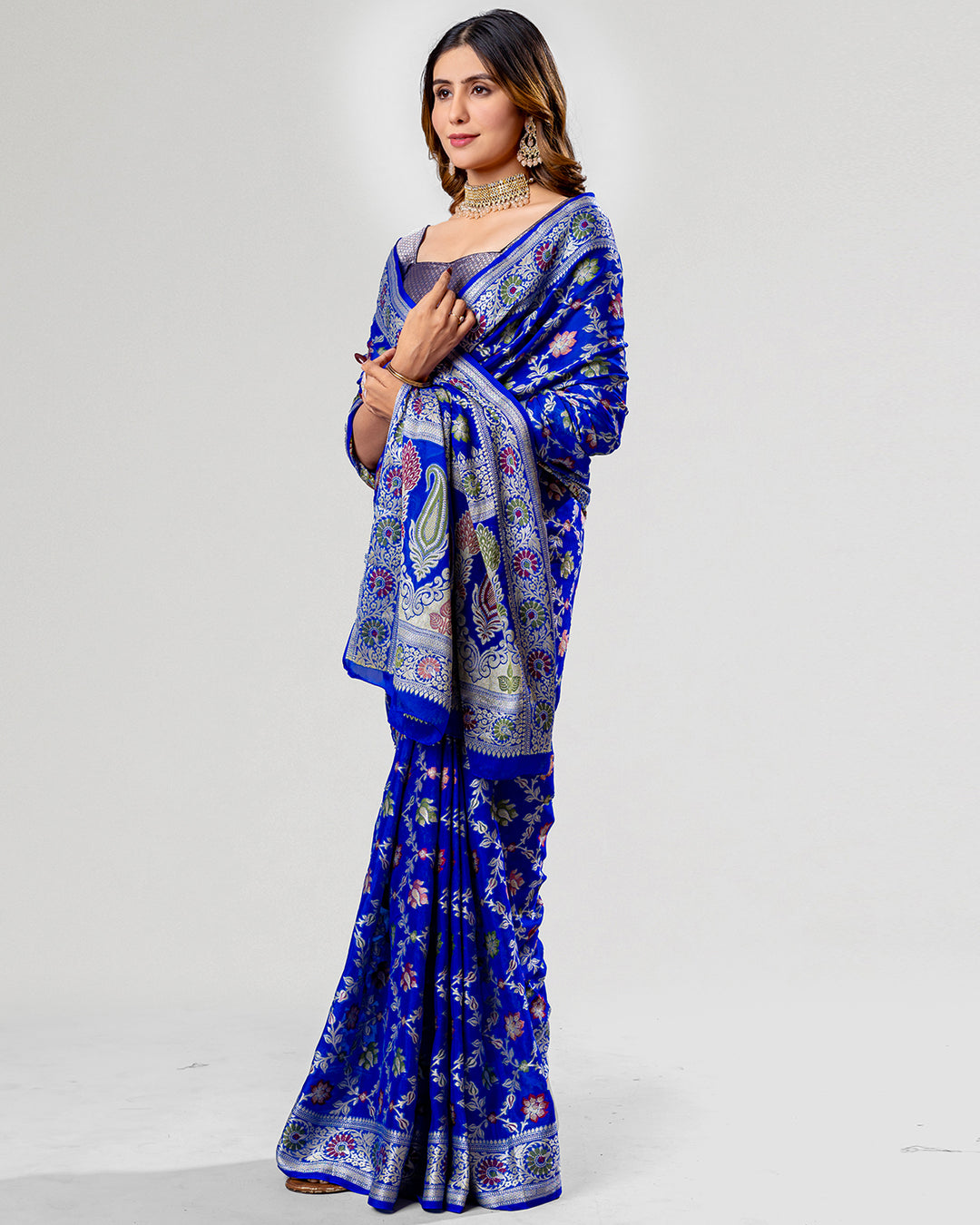 Imperial Blue Essence - Majestic Pure Chiffon Saree Enrobed in Royal Floral Weaves