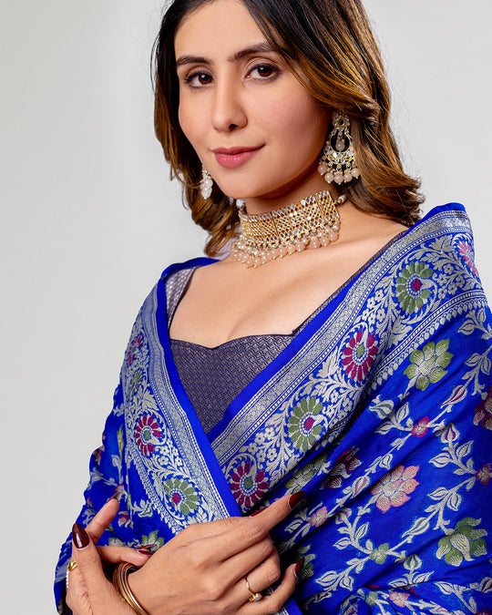 Imperial Blue Essence - Majestic Pure Chiffon Saree Enrobed in Royal Floral Weaves