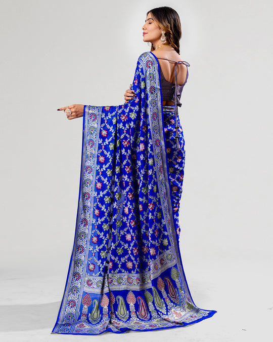 Imperial Blue Essence - Majestic Pure Chiffon Saree Enrobed in Royal Floral Weaves